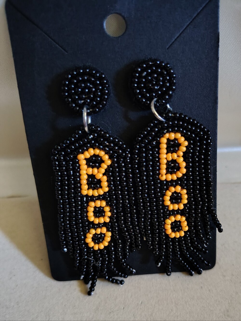 New Halloween Orange & Black BOO Seed Bead Fringe Dangle Earrings Spooky Season